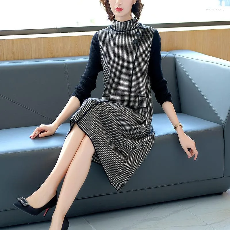 Casual jurken Classic Plaid Women Fashion Breaked Dress Autumn Winter Cleren Koreaanse elegante Turtleneck dames trui met lange mouwen