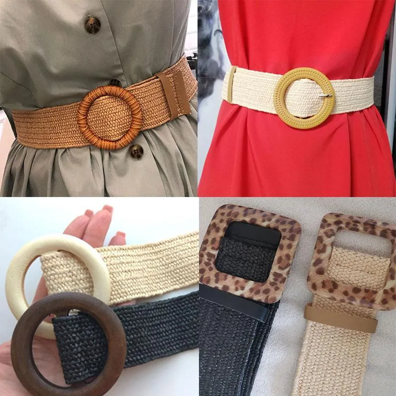 Belts Summer Women Elastic Belt Braided Round Square Wooden Buckle Vintage Bohe Straw Decorative Dress Knitted BeltBelts