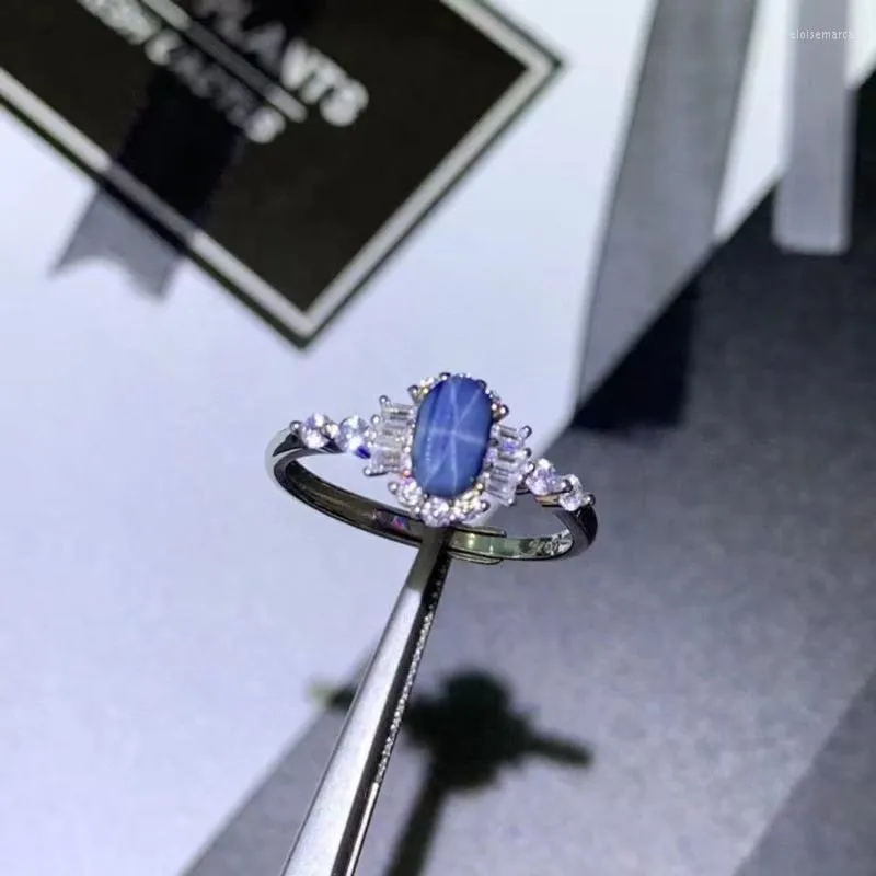 Pierścienie klastra Pure 925 srebrna biżuteria dla kobiet Wedding Blue Sapphire Star Pierścień zaręczynowy