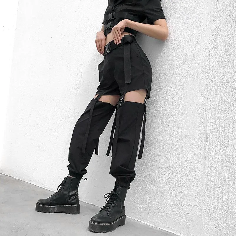 Women's Pants Streetwear Hip Hop High Waist Cargo Women Joggers Street Style Trousers Buckle Track Adjustable Hollow Out Pantalon