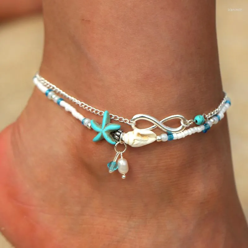 طبقات طبقات متعددة في Anklets Bohemian Starfish Blue Stone للنساء للنساء Boho Boho Shell Chain Bracelet Bracelet Jewelry Jewelry