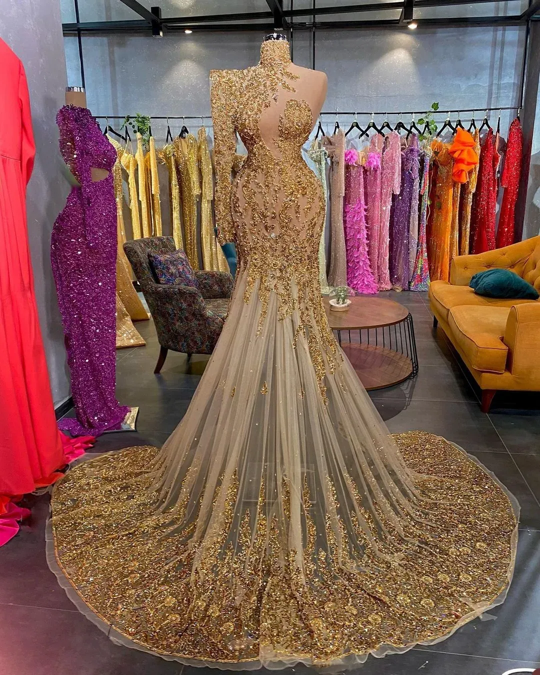 Custom Made 2023 Mermaid Gold Sparkly Prom Dress With High Neck Sequins Lacee Applique One Shoulder Long Sleeves Ruched Details Perfect For Formal Occasions And Evening Parties Available In Plus Sizes...