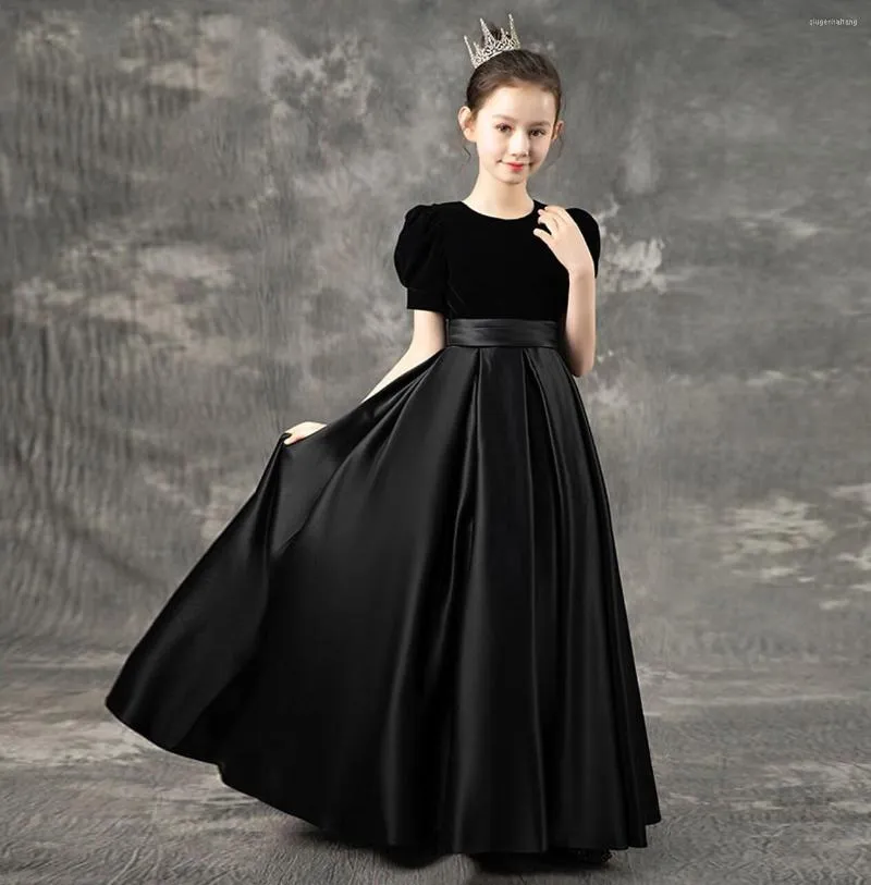 Girl Dresses Ball Gown Floor Length Flower Party Velvet Short Sleeve Jewel Neck With Solid / Formal Evening