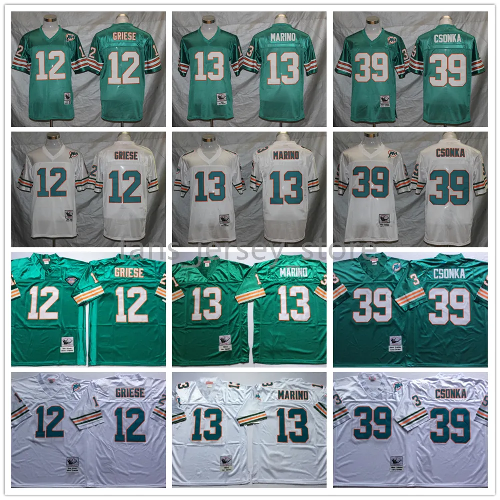 Camisas de futebol vintage 12 Bob Griese Camisas de futebol 13 Dan Marino 39 Larry Csonka Teal Green Home 75th Ed Camisa