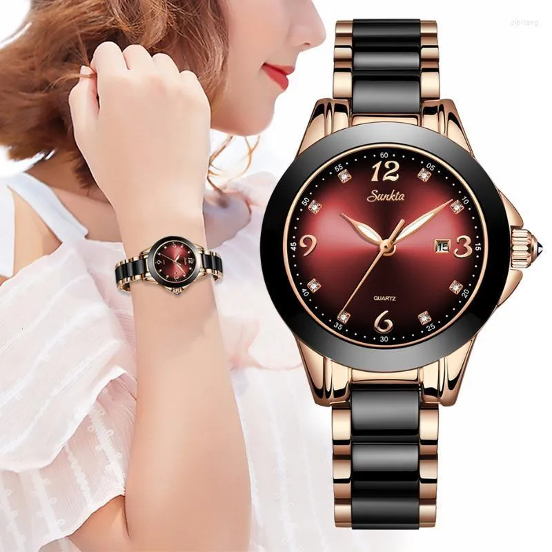 Wristwatches Relogio Feminino 2023 SUNKTA Women Watches Waterproof Top Watch With Ceramics Metal Strap Relojes Para Mujer