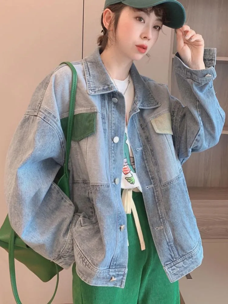 Women's Jackets Creative Contrast Color Stitching Denim Jacket Spring Autumn 2023 Design Loose Long Sleeve JacketWomen's