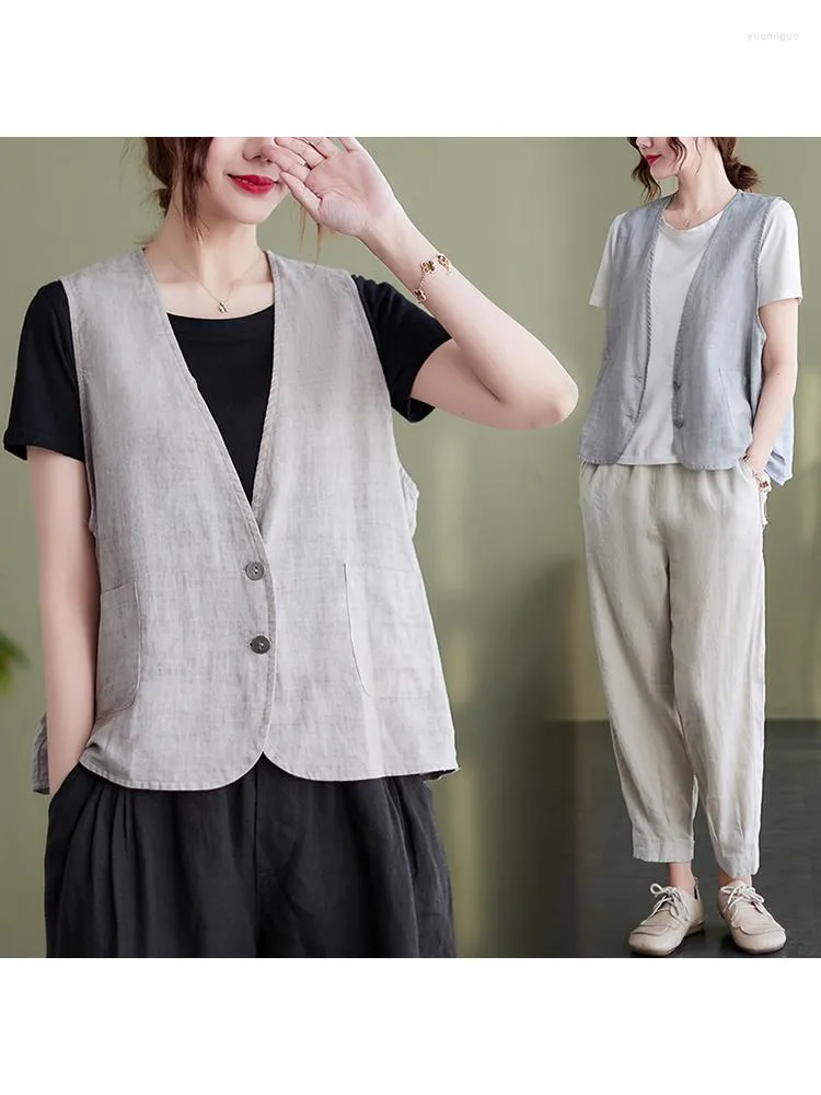 Kvinnors västar Spring Summer Fashion V-Neck ärmlös fast färg All-Match Cotton Linen Coats Pockets Patch Double Buttom Simple Vest