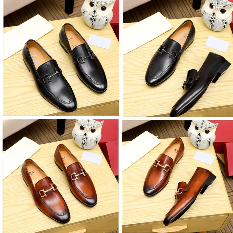 Men s Genuine Leather Dress Shoes Brown Oxfords with Metal Buckle Formal Business Wedding Party Shoes Comfortable Waterproof Round Toe Slip On