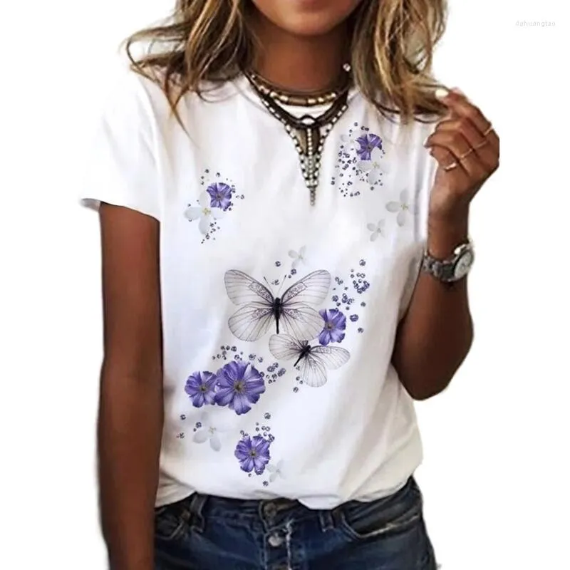 T-shirt da donna Moda Donna Estate Top da donna T-shirt oversize Maniche corte Botanical Floral 3D Design Stampa Abbigliamento Y2K