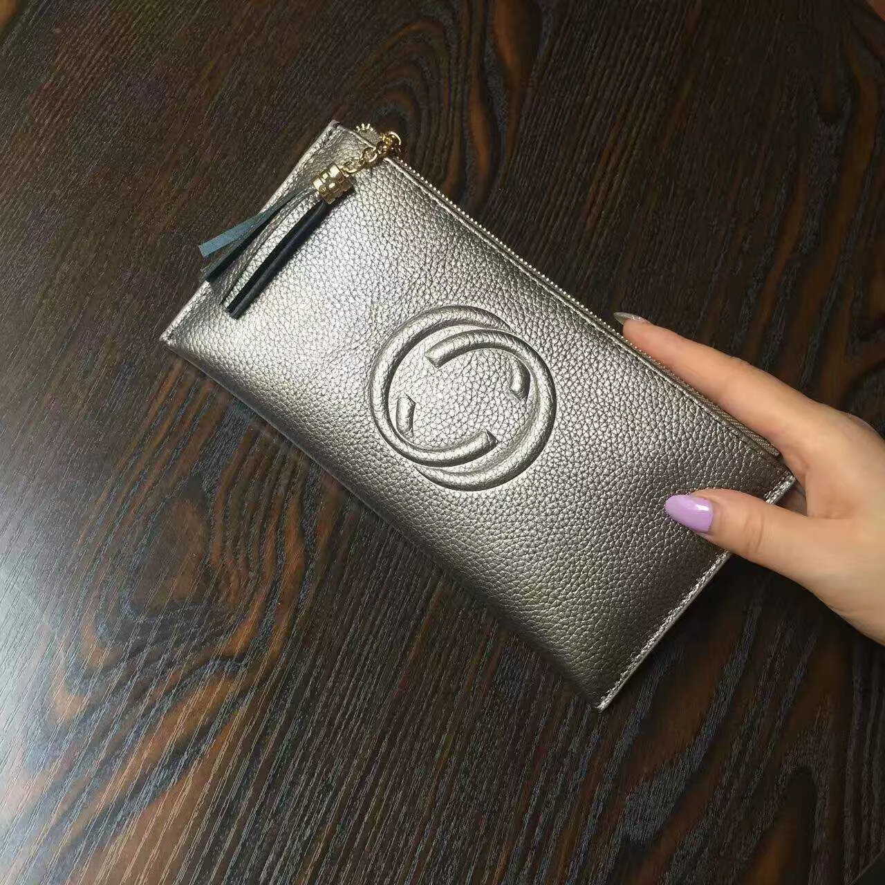 Cartera de cuero ultrafina simple con borla para mujer, Cremallera larga, bolso de cuero vacuno suave, clip de cuero, nuevo estilo