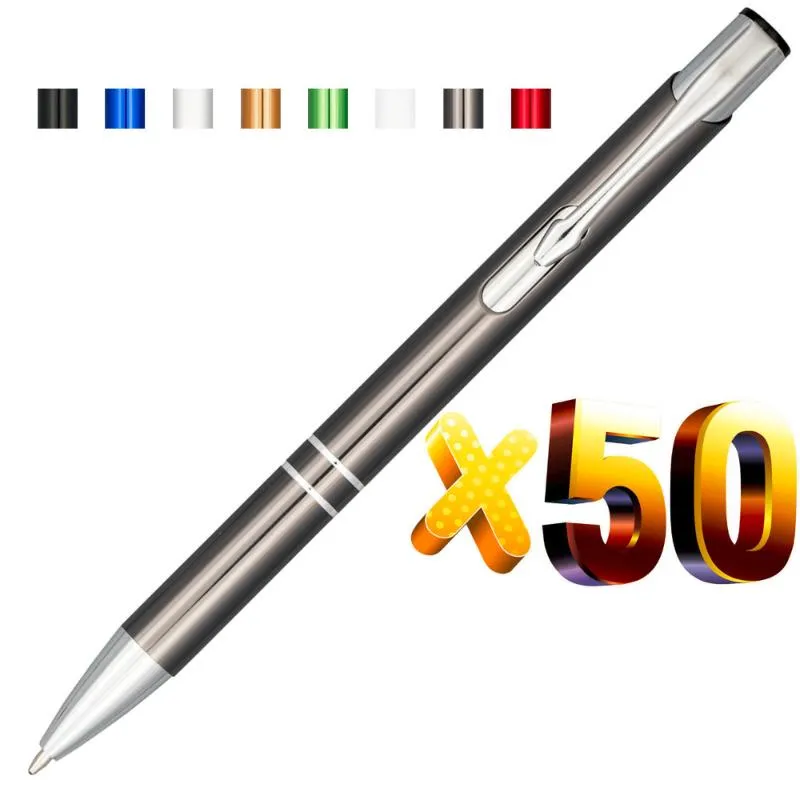 Bollpoint pennor Lot 50st Oblique Top Dual Ring Metal Ball Pen Color Anodised Anpassa logotyp Display PRESIVAL PERSONALISERAD GIVEAWAYBA
