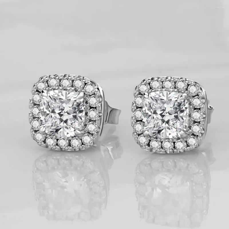 Stud Oorbellen Echte Vierkante Volledige Diamant Prinses Naald Oorbel Vrouwen S925 Sterling Zilver Natuurlijke Witte Topaas 925 Sieraden