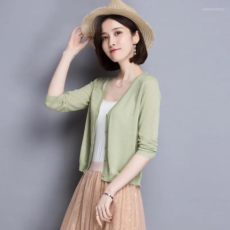 Damesbreien dames lente zomer holle zie door gebreide kleding Cardigan elegante dame v-neck stevige kleur dunne transparant breier