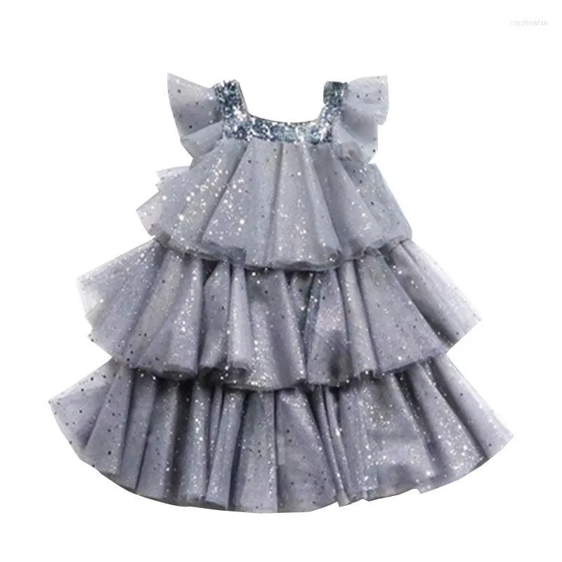 Robes de fille enfant en bas âge enfants manches d'été épaule dénudée froncé à plusieurs niveaux robe au genou enfants bébé filles décontracté maille étoiles vêtements 2-8Y