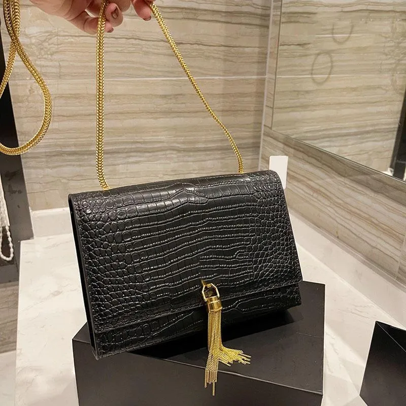 Calfskin Leather Tassel Bags Wallet Card Holder Purse Alligator/Smooth Feather Gold Franco Chain Cross Body Shoulder Outdoor Sacoche Designer Handbags