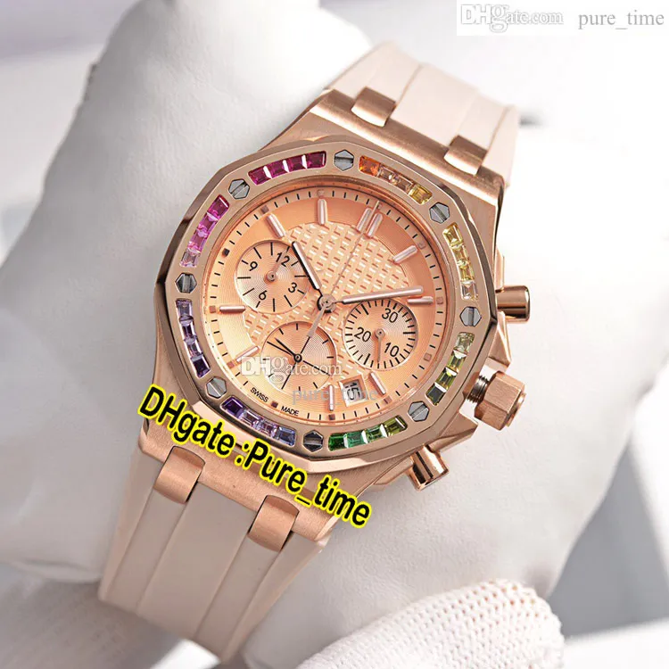 37mm Quartz Chronographe Montre Femme 26236 Boîtier en Or Rose Cadran Blanc Sous Cadran Violet Arc-en-Ciel Diamant Lunette Bracelet en Caoutchouc Blanc Watch285t