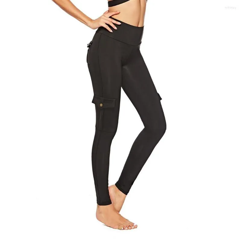 Aktive Yoga-Hose für Frauen, elastische Damen-Strumpfhose, Hüfte nach oben, von unten nach oben, Taschenknöpfe, lang