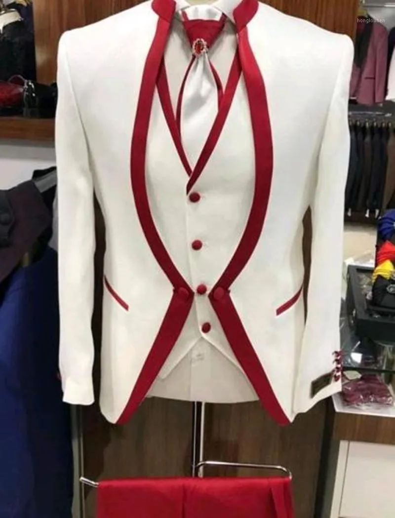 Мужские костюмы Blazers 2023 Белый красный красный обод сцены для мужчин набор костюмов для мужского свадебного костюма Homme Tuxedo Формальный брюк Jacke Vates 3 P