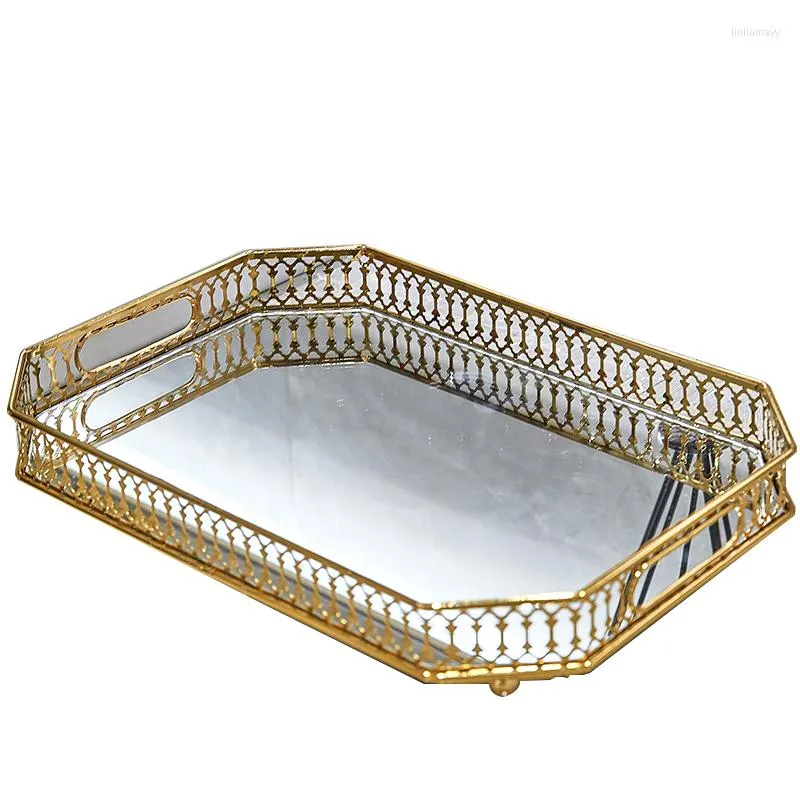 Plates Nordic Style Mirror Glass Plate Gold Plated Iron Storage Tray Luxury Decorative Fruit Dessert Cake