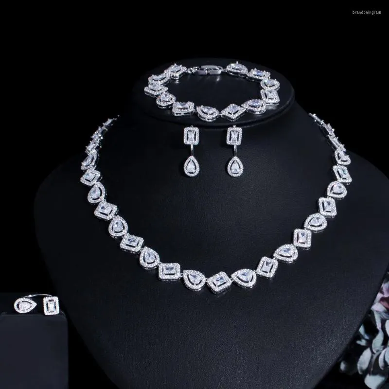 Necklace Earrings Set Sparkling Square Shape Cubic Zircon 4pcs Wedding Bridal Luxury Dubai White Gold Color