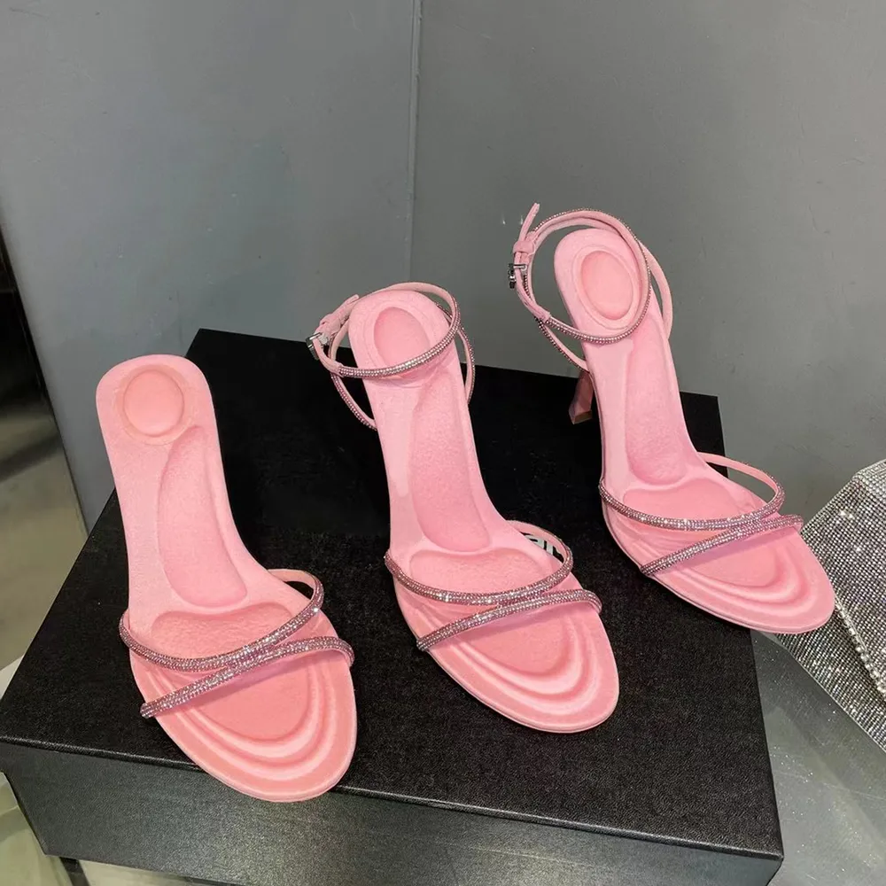 high heeled sandals for womens 10.5cm Satin Fashion Dress shoes Crystal Embellished rhinestone Evening shoe stiletto Heel Pink Ankle band Wedding Designers sandal