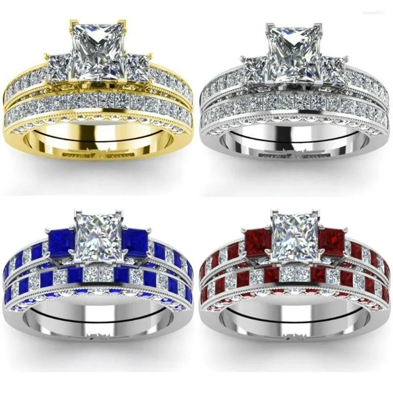 Bröllopsringar Fashion Women's Jewelry Gold Color White Crystal 1.2 Carat Princess Cut Bridal Engagement Ring Set