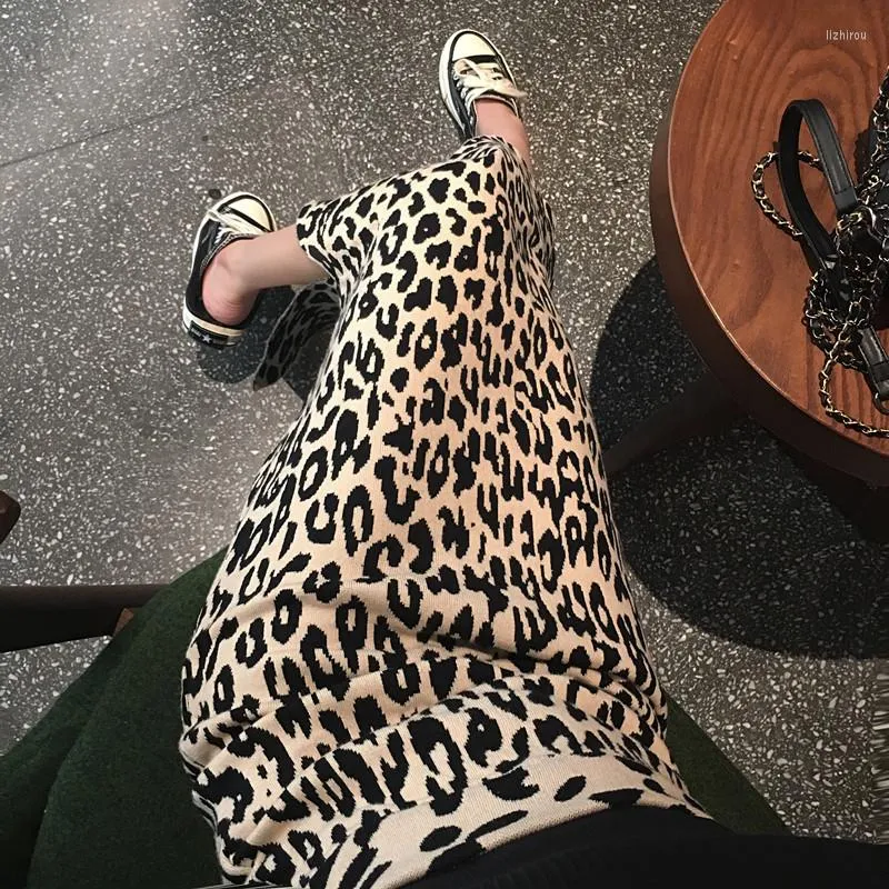 Юбки 2023 ранняя весна длинная щель вязаная леопардовая юбка для женщин высокая талия