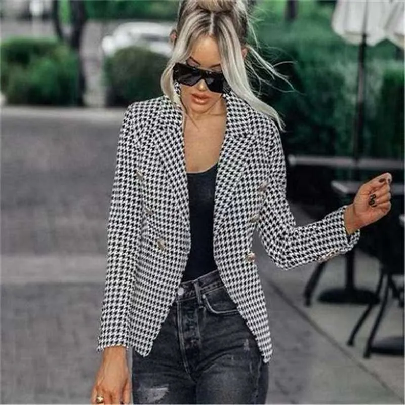 Women's Suits & Blazers Top Quality High Street Autumn Faabion Sexy Full Sleeves Black Plaid Blazer Jacket 2023 Celebrity Designer Party Wea