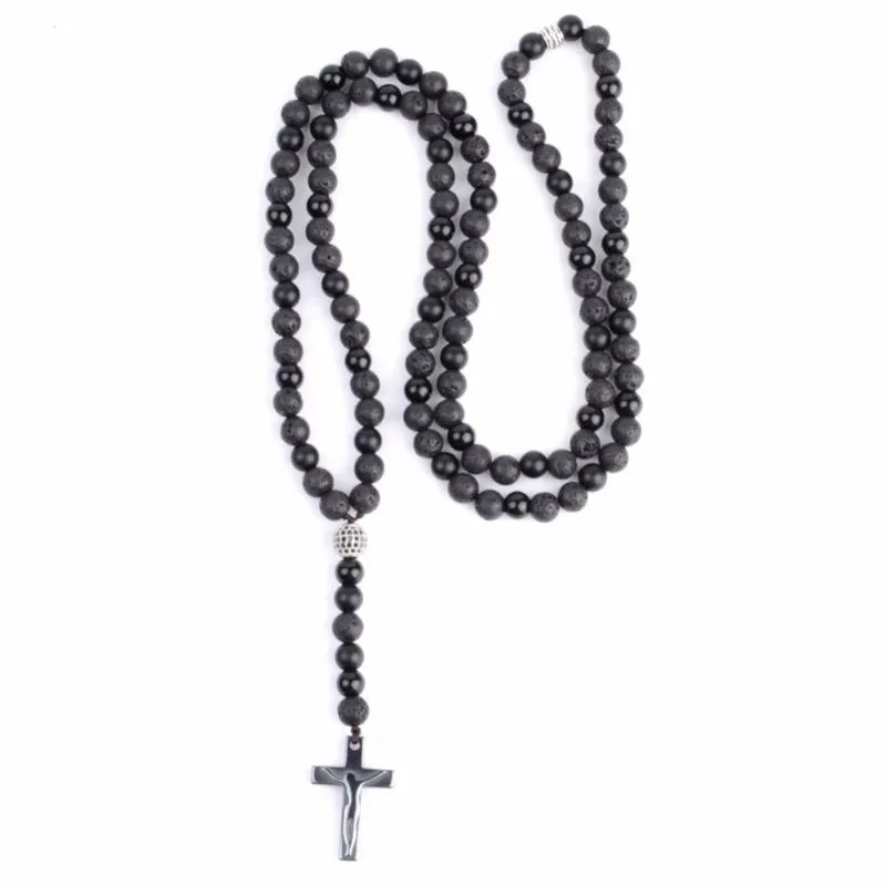 Collane con ciondolo Collana lunga classica croce cristiana Collana con perline di pietra lavica nera naturale Pendenti con perline per donna Uomo Set di gioielli