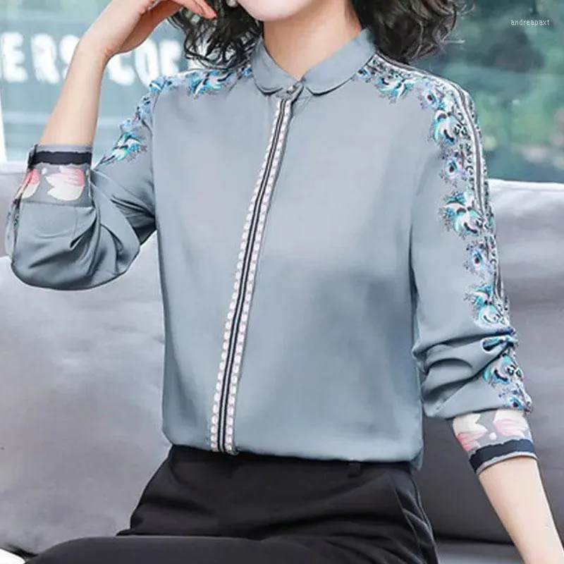 Women's Blouses Floral Printed Spliced Elegant Shirt Women's Clothing Spring Autumn Long Sleeve Vintage Commute Slim Polo-Neck Button