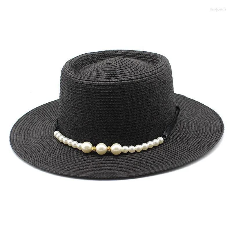 Breda brim hattar sommarsol kvinnor mode flicka strå hatt band båge strand avslappnad platt topp panama ben feminowide davi22