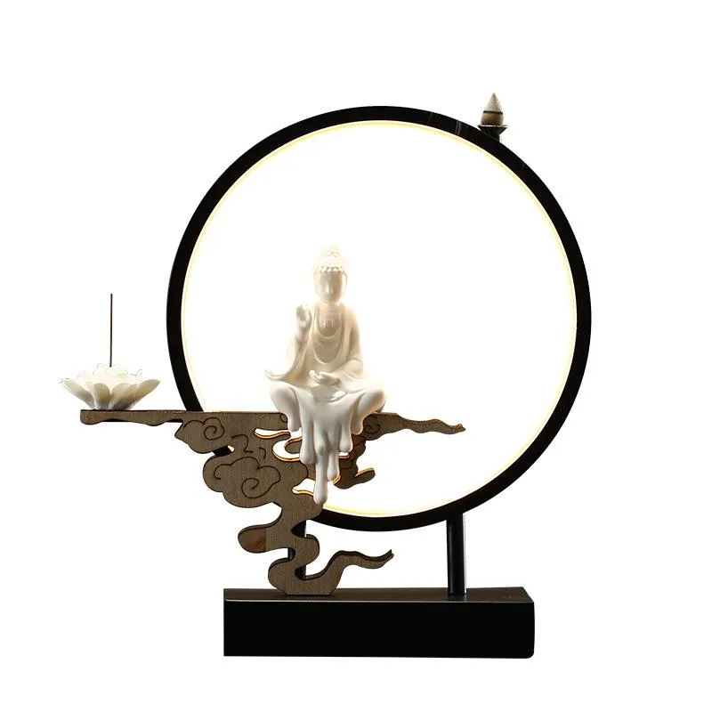 Duftlampen, Rückfluss-Räuchergefäß mit LED-Licht, niedliche kreative Ornamente, chinesischer Stil, handgefertigte Dekorationen, Gegenstände aus Keramik, Heimdekoration B