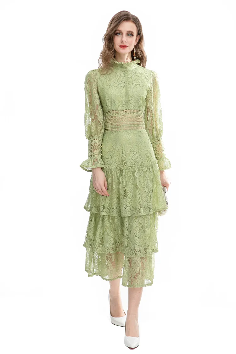 Vestidos De Pasarela Para Mujer Cuello Levantado Mangas Largas Volantes Encaje Elegante Vestido De Fiesta De Disenador De Moda 5 826 DHgate