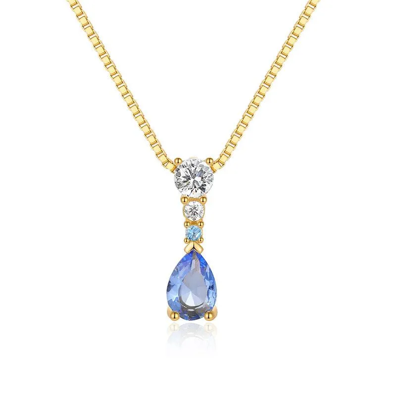 Chains Blue Pink Gemstone Necklace For Women 925 Sterling Silver Colored Zircon Wedding Jewels Luxury Long Chain PendenteChains