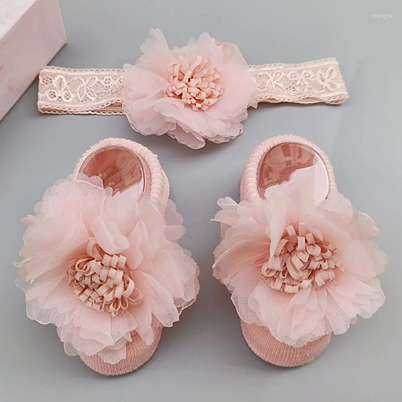 Hair Accessories 2Pcs Baby Socks Headband Set Lace Flower Bows Born Girl With Rubber Soles Anti Slip Infant Toddler Ankle Floor