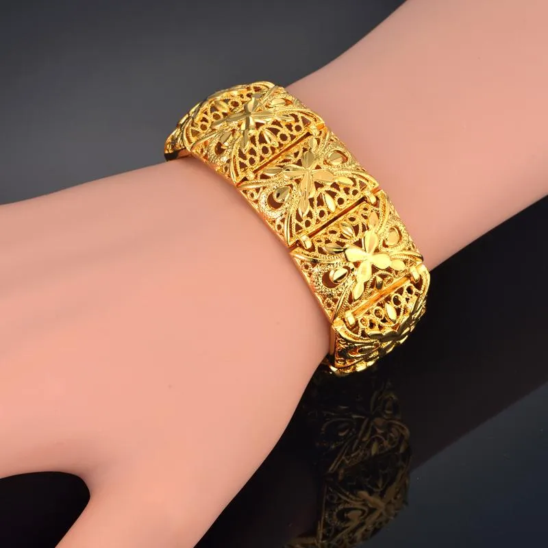 Link Bracelets Chain Wide Bracelet 22mm Gold Color Chunky & Bangles For Women Vintage Jewelry Flower Big BraceletLink