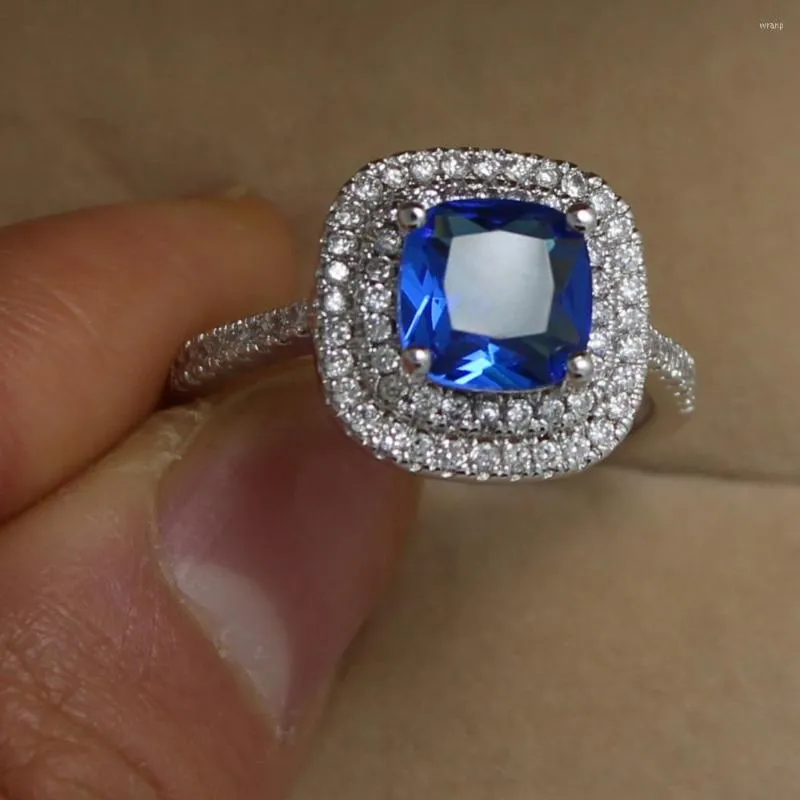 Pierścienie klastrowe Rozmiar 5-10 kobiet luksusowa biżuteria Cut 925 Srebrny utwardzony bruk niebieski CZ cyrkonia symulowana kamienie ślubne palce dziewczęta