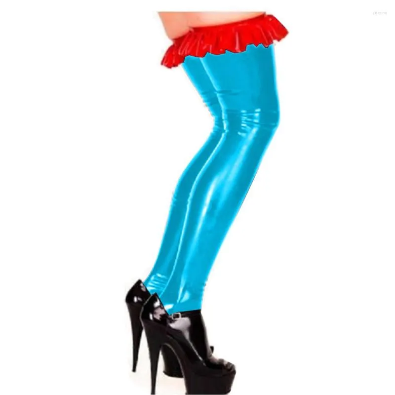 Femmes Chaussettes Sexy Faux Cuir HighThigh Rouge Bas À Volants Collants Métalliques Brillants Collants Chaussettes Pour La Fête Club Wear Lingerie