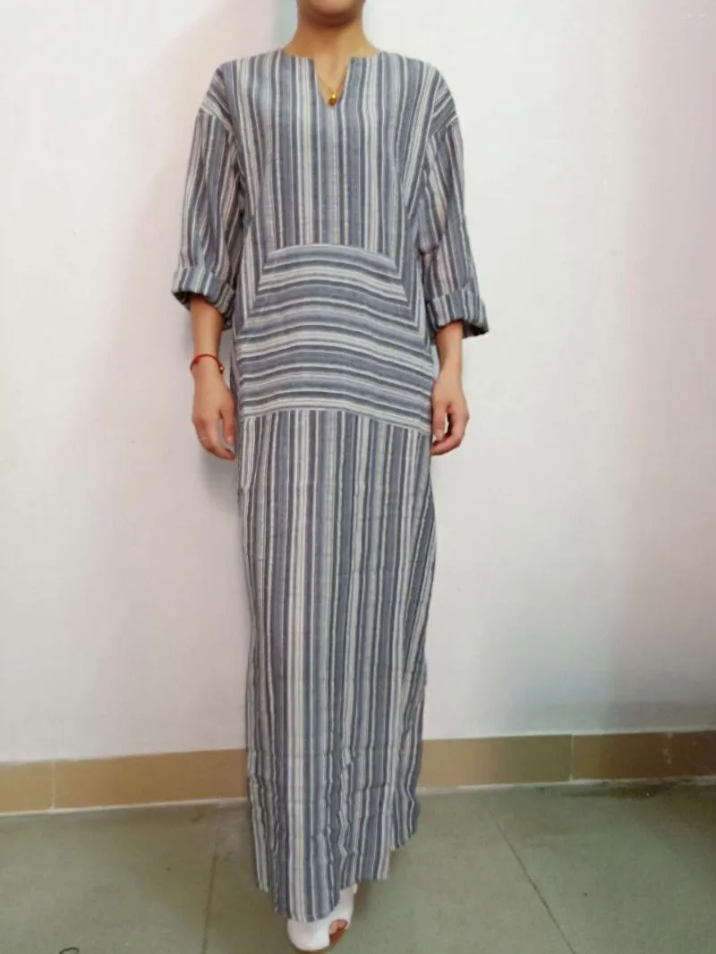 Abbigliamento etnico Donna Abito musulmano Cotone Lino Caftano marocchino Manica lunga Abaya turco a righe Plus Size Maxi Boho Vestidos