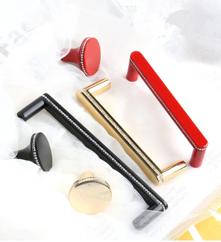 96 128 160 192mm pull Fashion luxury diamond furniture handle gold black red kitchen cabinet wardrobe cupboard drawer knob