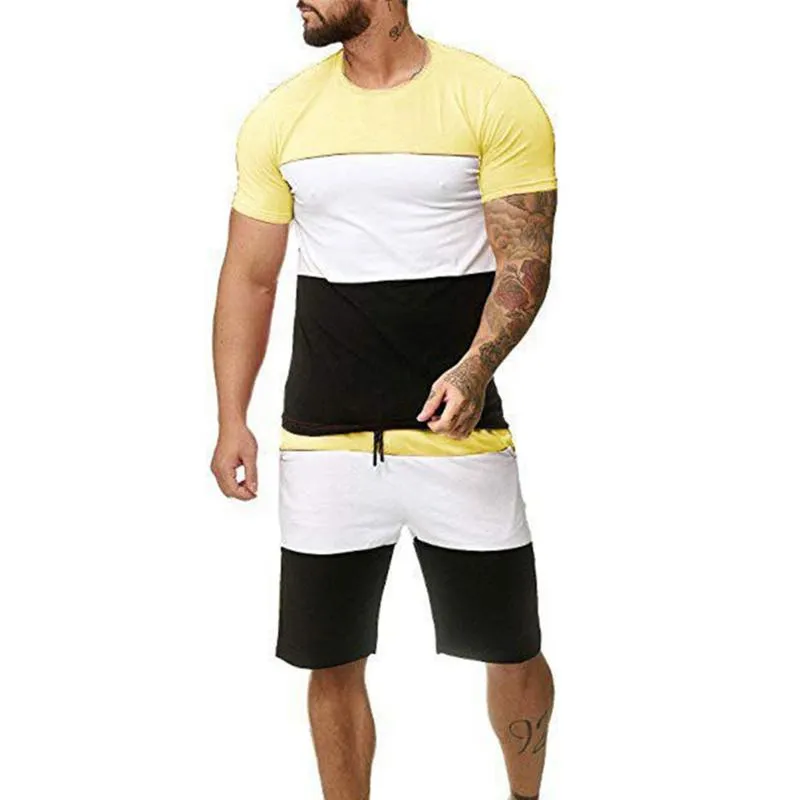 Survêtements pour hommes Hommes Contraste Couleur Vêtements Ensemble à manches courtes T-shirt à col rond Short à la taille