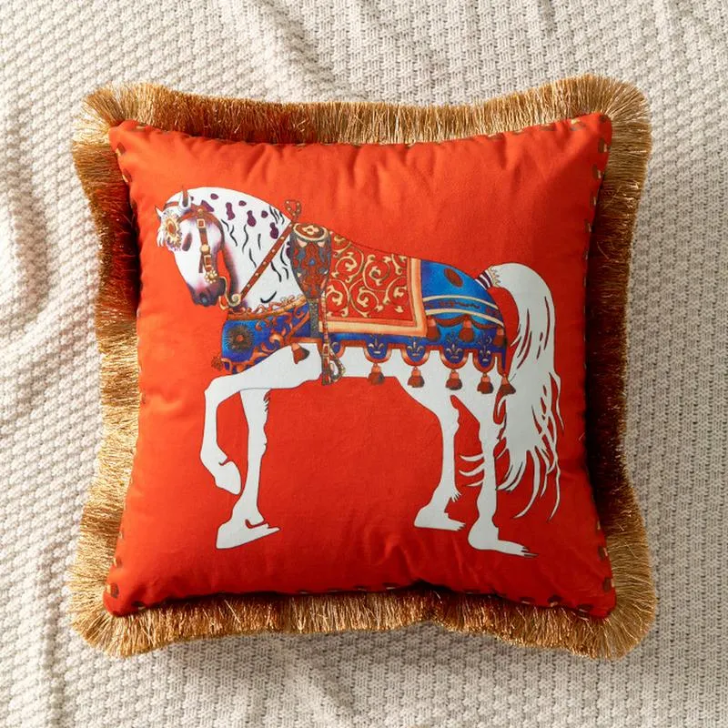 Housse de coussin décorative pour la maison, imprimé cheval doré, glands, décor d'automne, étui en velours pour salon, 45