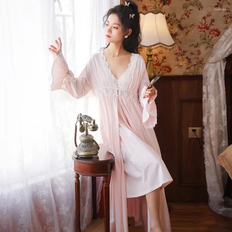 Womens Vintage Cotton Night Gown and Robe Set Autumn Victorian Dress Lace Princess Nightgowns Fairy Cottagecore Sleepwear