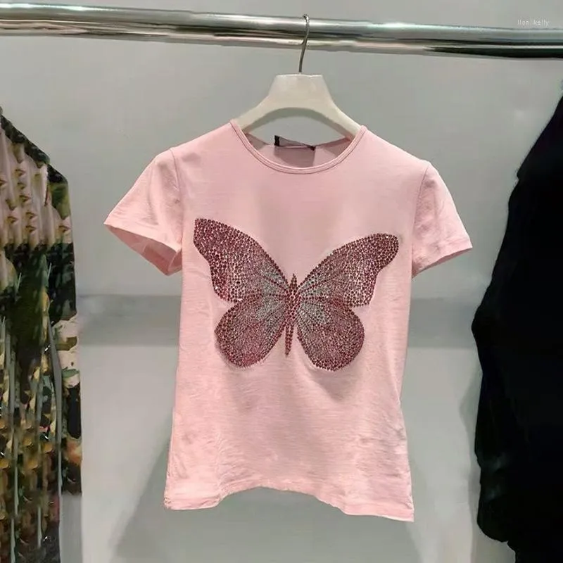 女性のTシャツ夏の女性2023美しい蝶のパターンスリムフィットオールマッチショートショートスリーブTシャツトップス