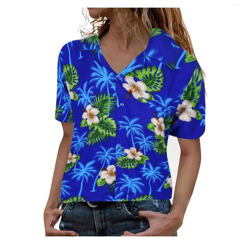 Camicette da donna Camicie da donna Camicia hawaiana Camicetta estiva Tasca con foglie Fiori Stampa di palme Top Colletto rovesciato Manica corta Spiaggia