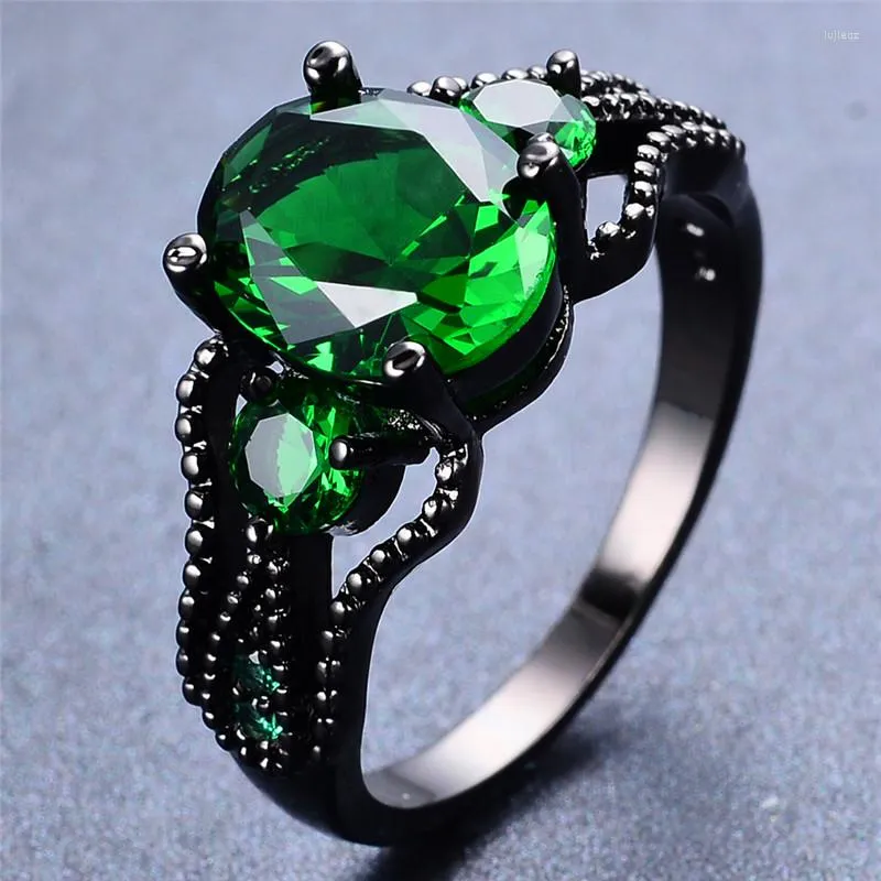 Wedding Rings Trendy Female Emerald Crystal Thin Ring Vintage 14KT Black Gold For Women Charm Oval Zircon Stone Engagement