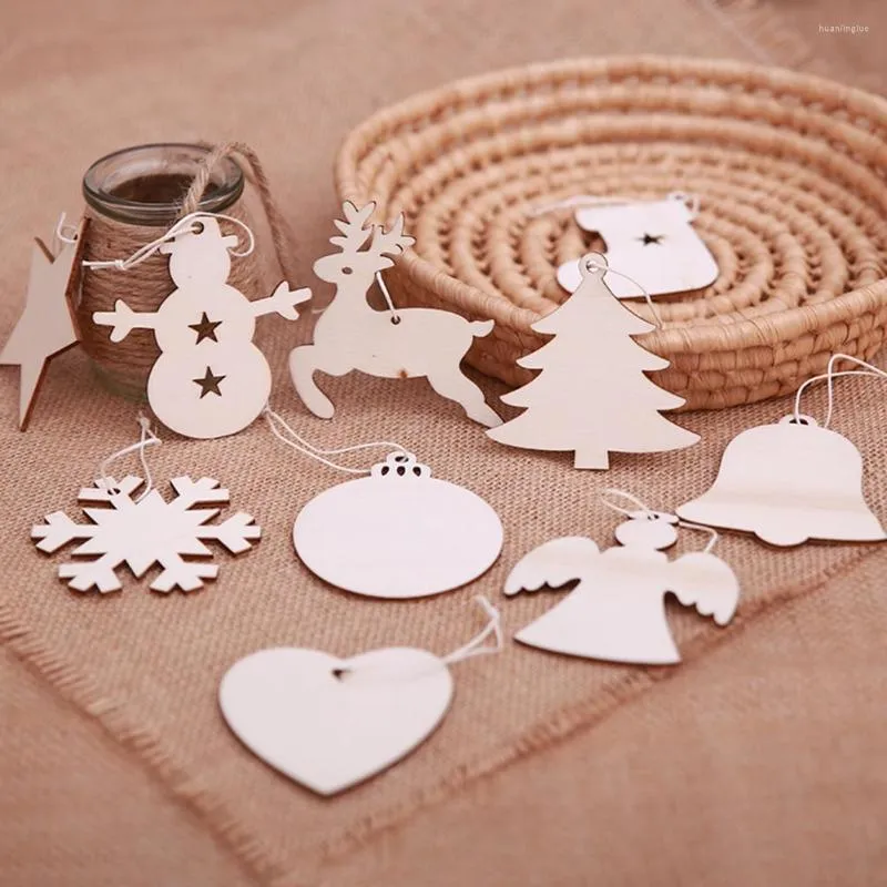 Juldekorationer 10st träddekoration Snowman Reindeer Xmas trähänge prydnad Diy Party Decora Kids Gift