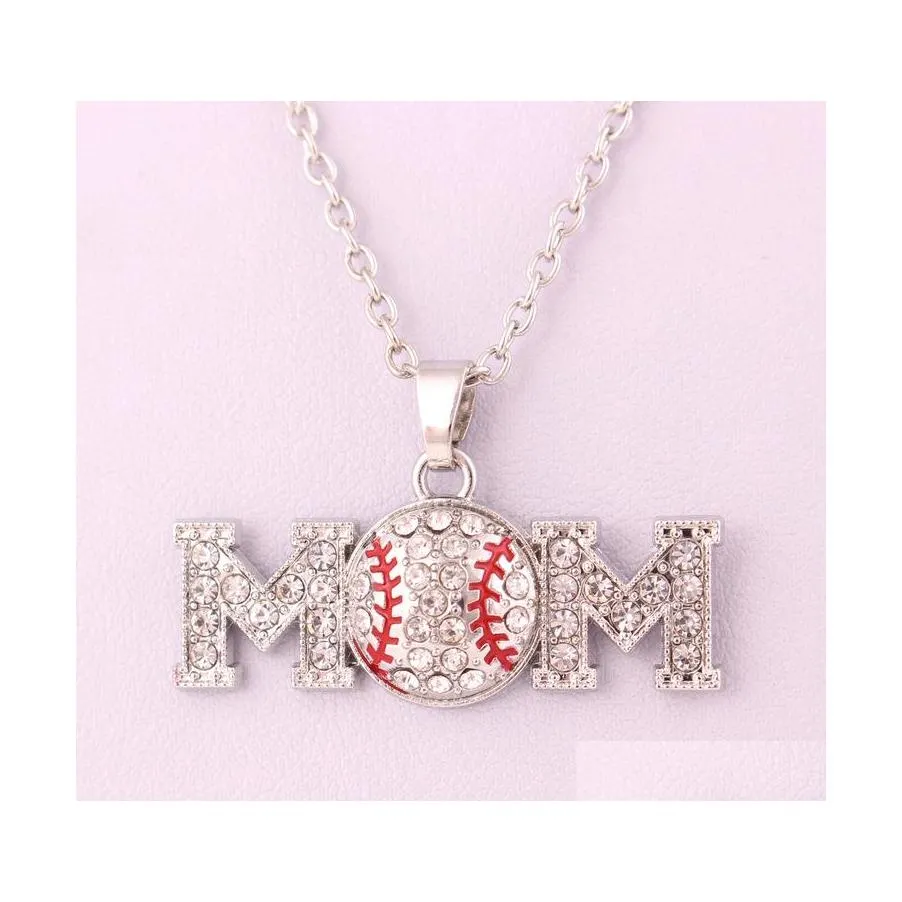 Pendentif Colliers Softball Sport Collier Maman Lettre Blanc Jaune Cristal Strass Boule Charme Lien Chaîne Pour Les Fans De L'équipe De Mode Dr Otphd