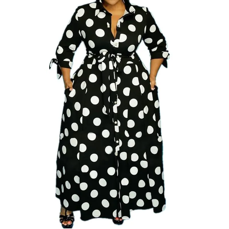 Robes décontractées Automne Maxi pour femmes taille haute robe à manches longues Polka Dot Dames Bureau Plus Taille Drop WholesaleCasual