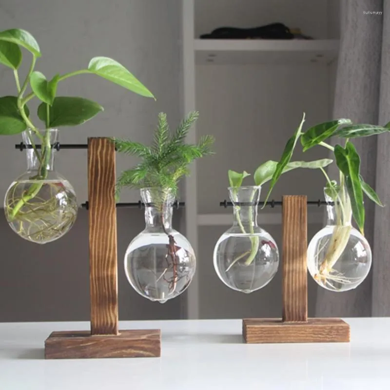 Vaser glas vas trä planter terrarium desktop hydroponics bonsai växt blomkruka hängande krukor med träbricka nordisk heminredning